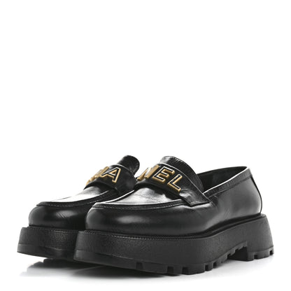 Chanel Shiny Calfskin Logo Loafers 35 Black 4 of 9