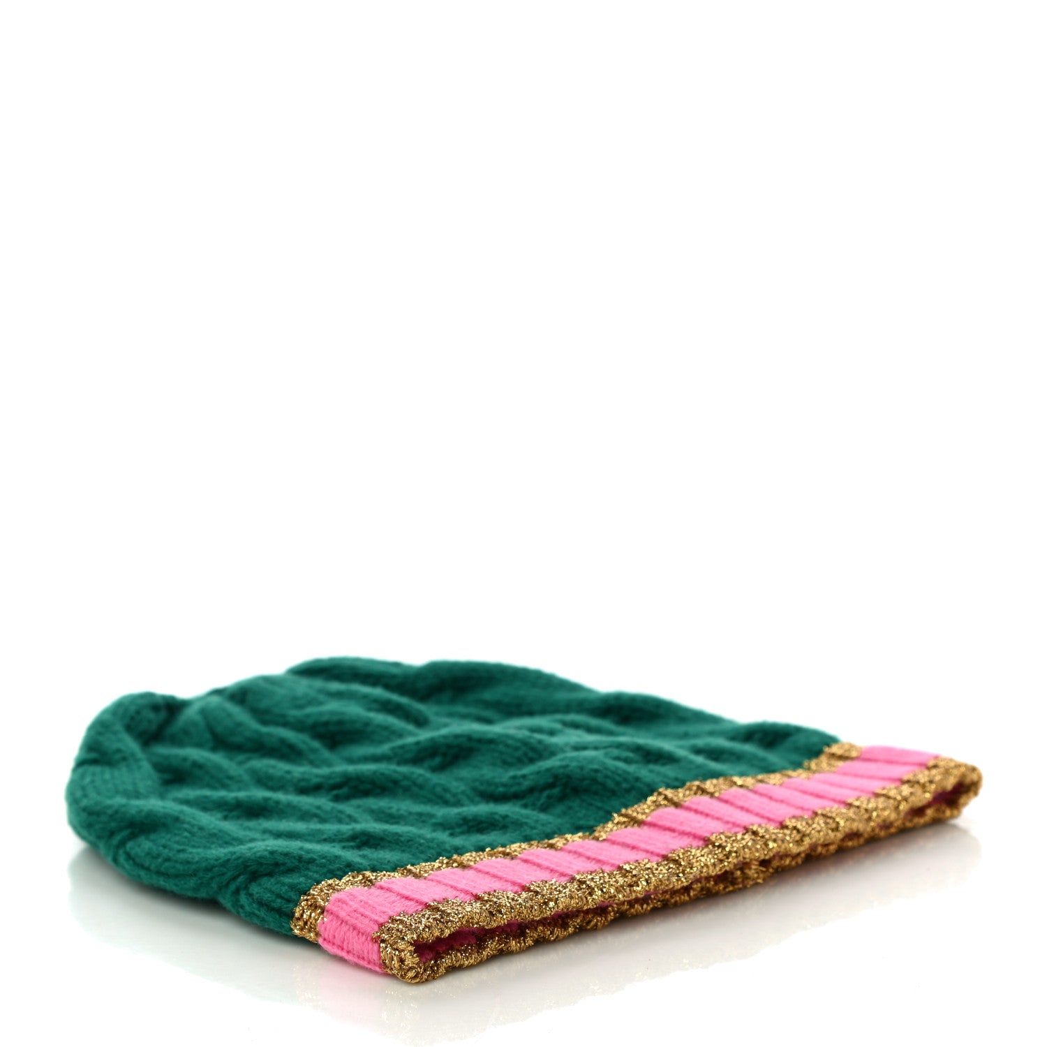 Gucci Wool Cashmere Polyamide Cable Knit Bonhate Beanie Hat M Grass Green Pink 4 of 9