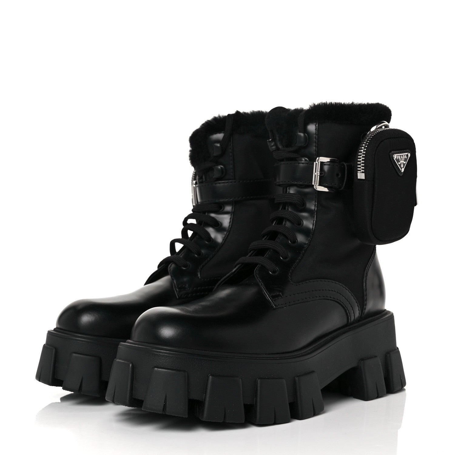 Prada Spazzolato Rois Nylon Shearling Metal Triangle Logo Monolith Pouch Pocket 55mm Boots 36.5 Black 3 of 8