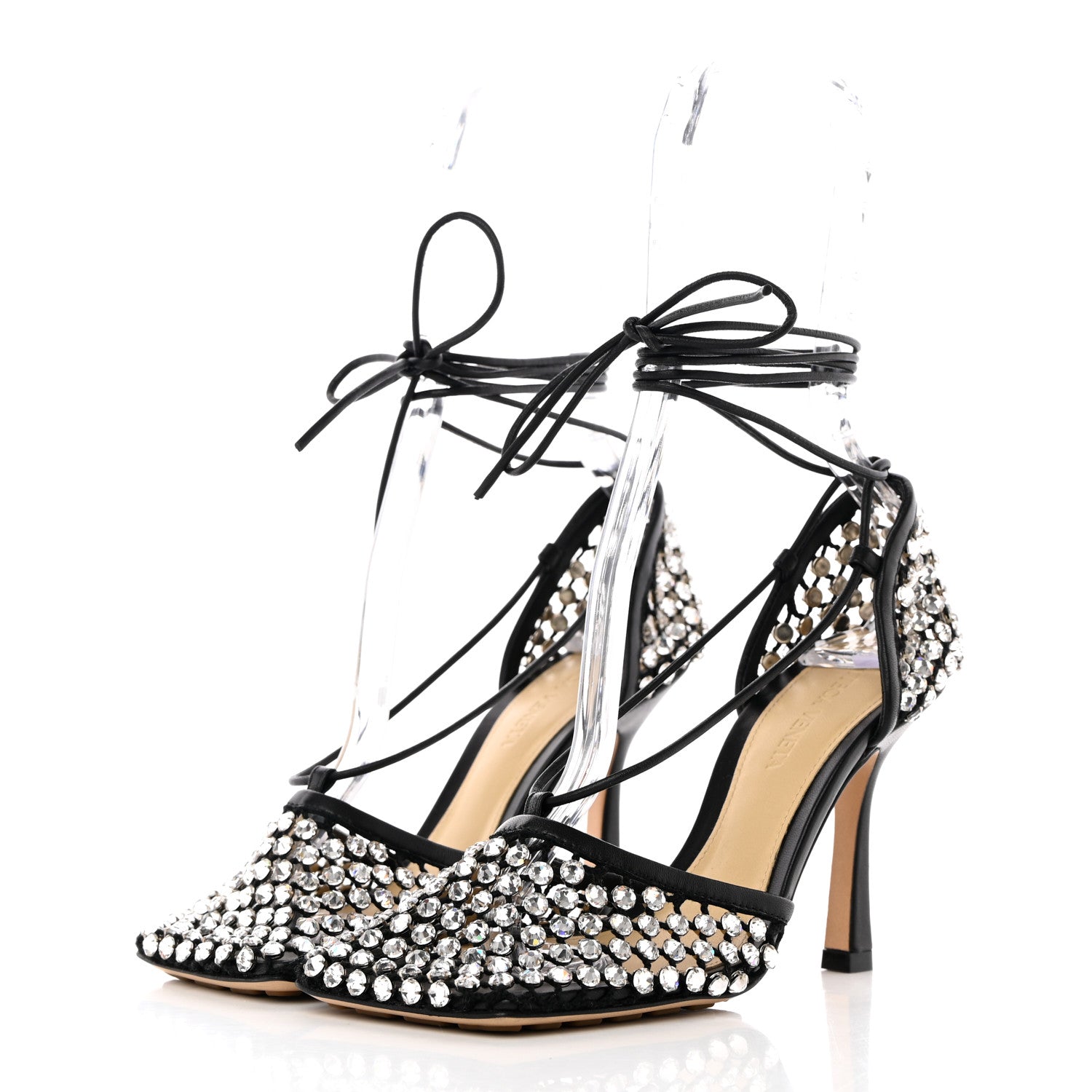 Bottega Veneta Mesh Nappa Crystal Embellished Sparkle Stretch Ankle Tie Sandals 35 Black 3 of 12