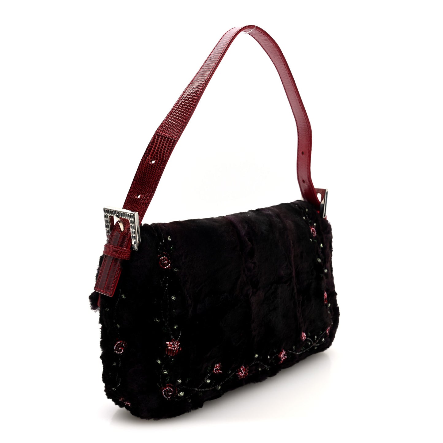 Rabbit Fur Lizard Crystal Beaded Rose Baguette Brown Red