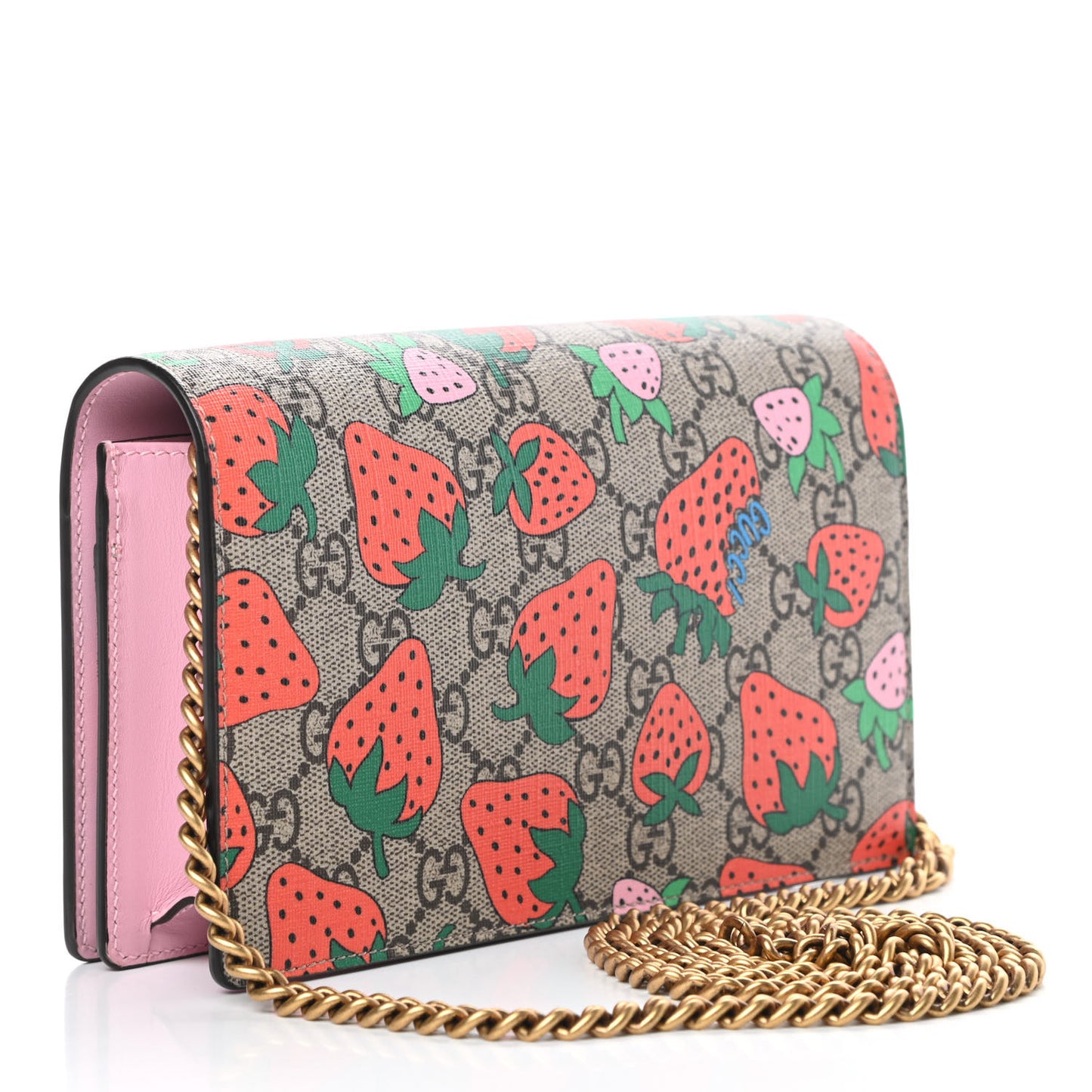GG Supreme Monogram Strawberry Chain Wallet