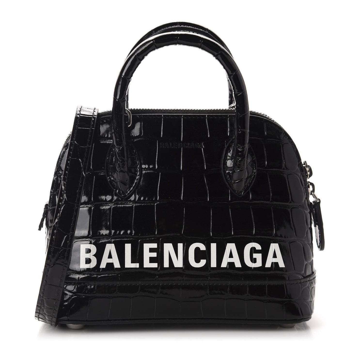 Shiny Calfskin Logo Crocodile Embossed XXS Ville Top Handle Bag Black White