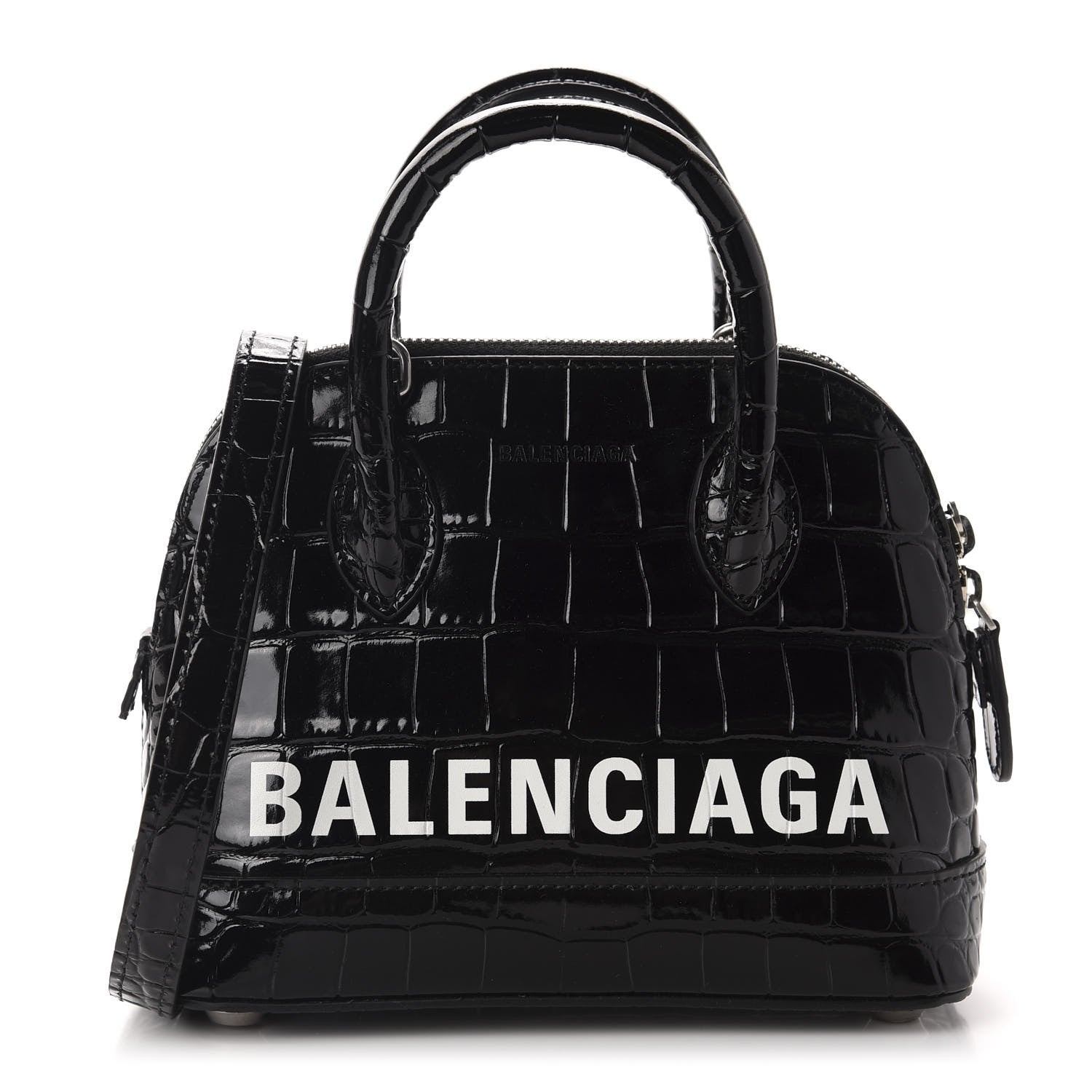 Balenciaga Shiny Calfskin Logo Crocodile Embossed XXS Ville Top Handle Bag Black White 1 of 9