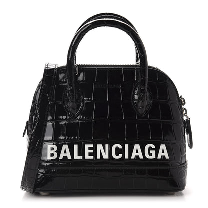 Balenciaga Shiny Calfskin Logo Crocodile Embossed XXS Ville Top Handle Bag Black White 1 of 9