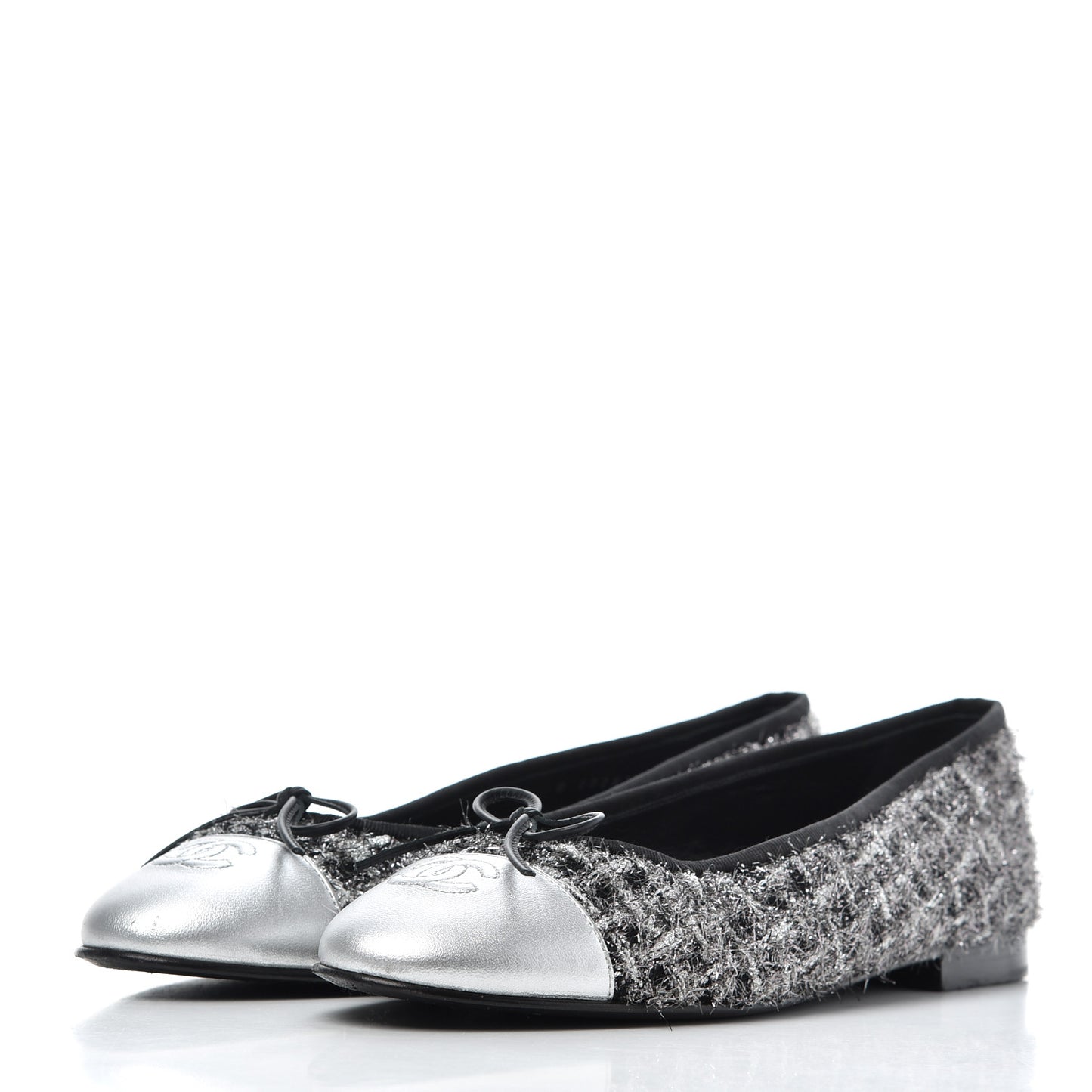 Metallic Tweed Lambskin Cap Toe Ballerina Flats 41 Black Silver