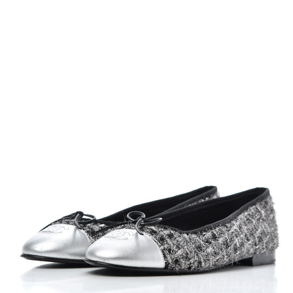 Chanel Metallic Tweed Lambskin Cap Toe Ballerina Flats 41 Black Silver 3 of 15