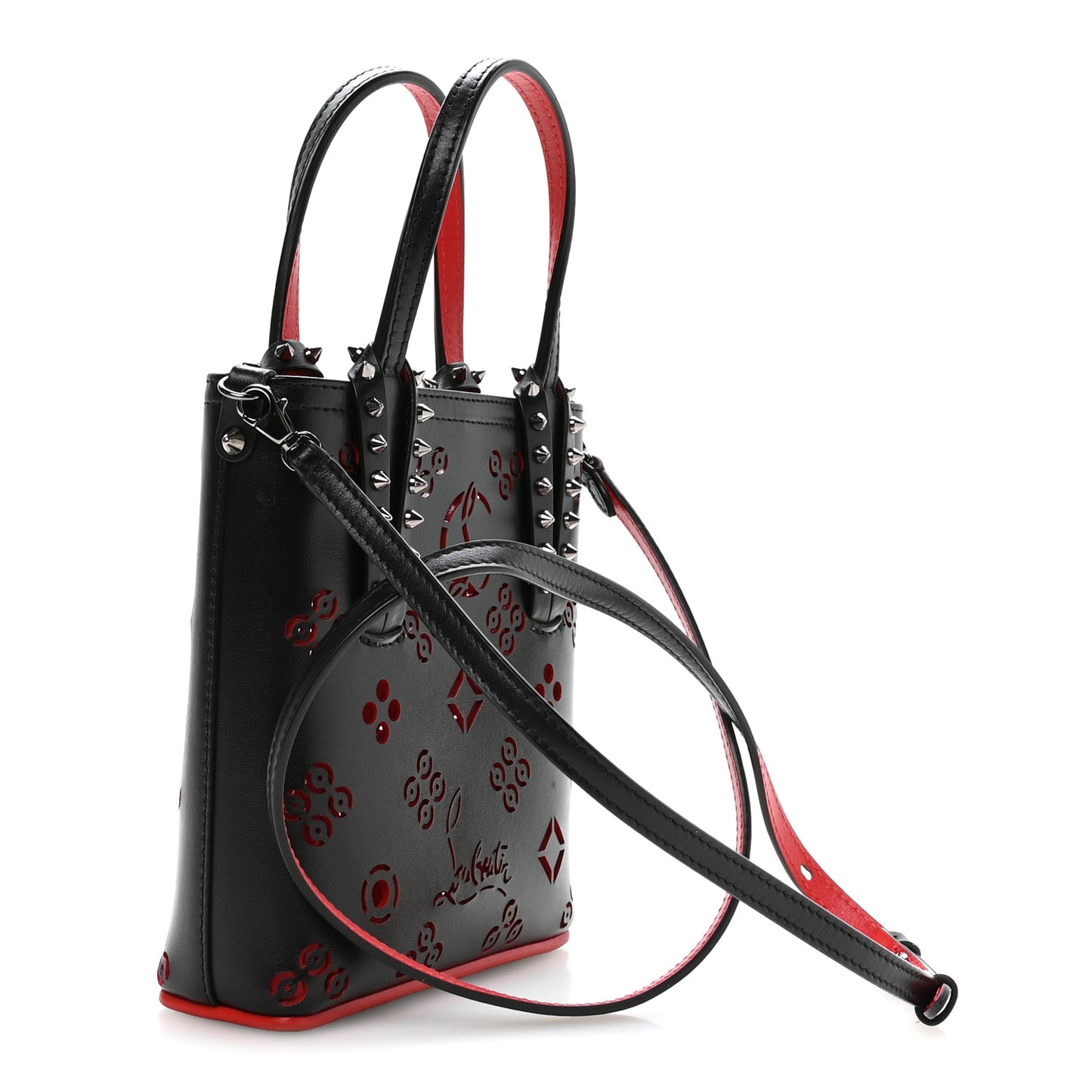 Calfskin Loubinthesky Perforated Spikes Mini North South Cabata Tote Black