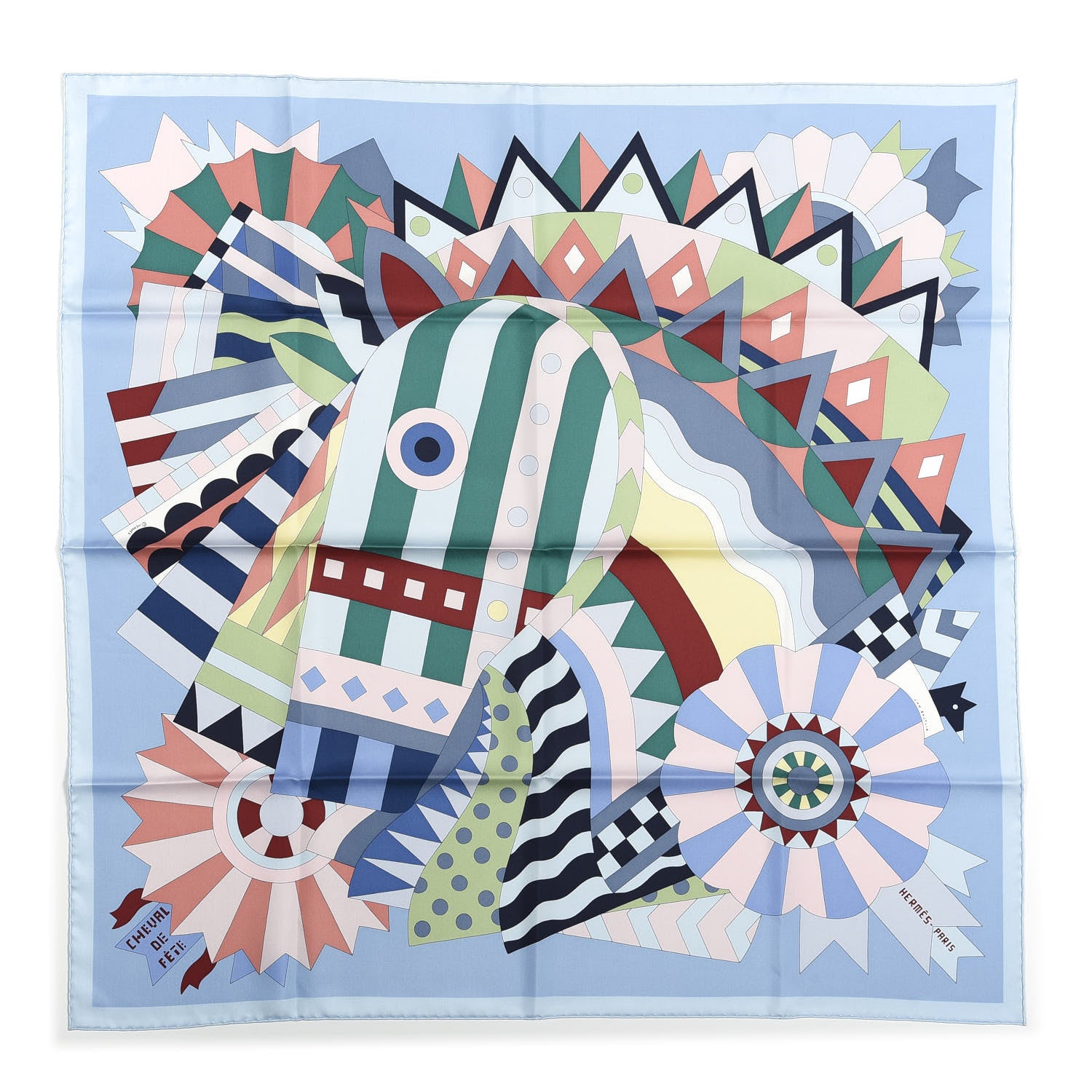 Hermes Silk Cheval de Fette Scarf 90 Bleu Ciel Vert Rose 1 of 6