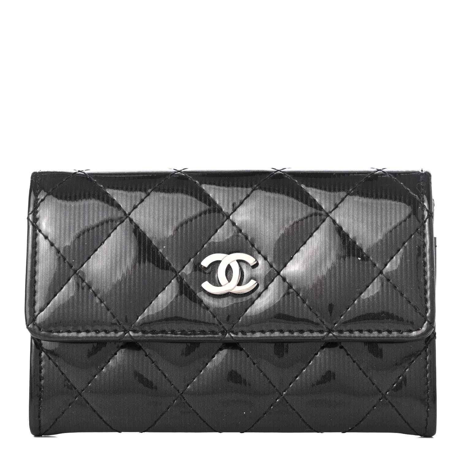 Chanel Striated Patent Quilted Card Holder Grey 1 of 6