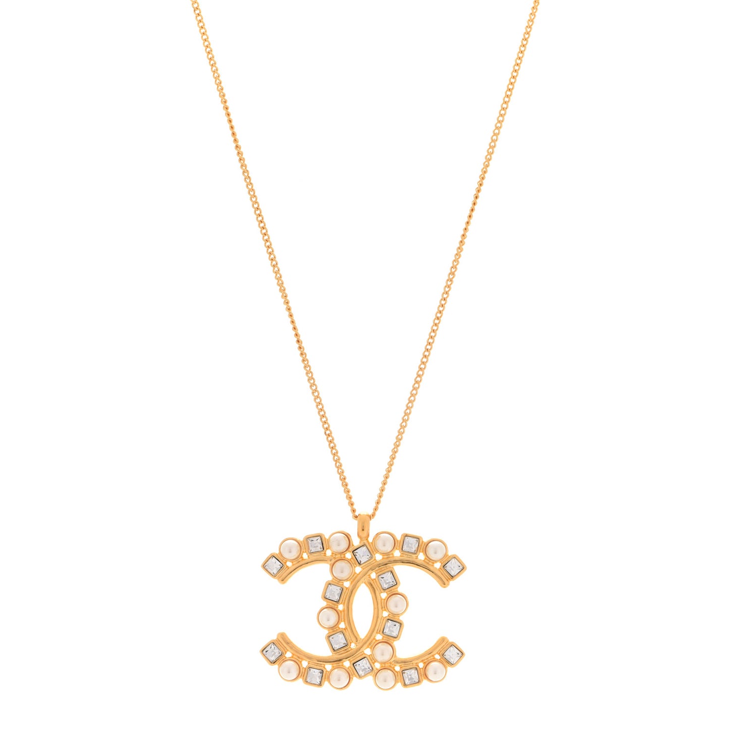 Crystal Pearl CC Pendant Necklace Gold