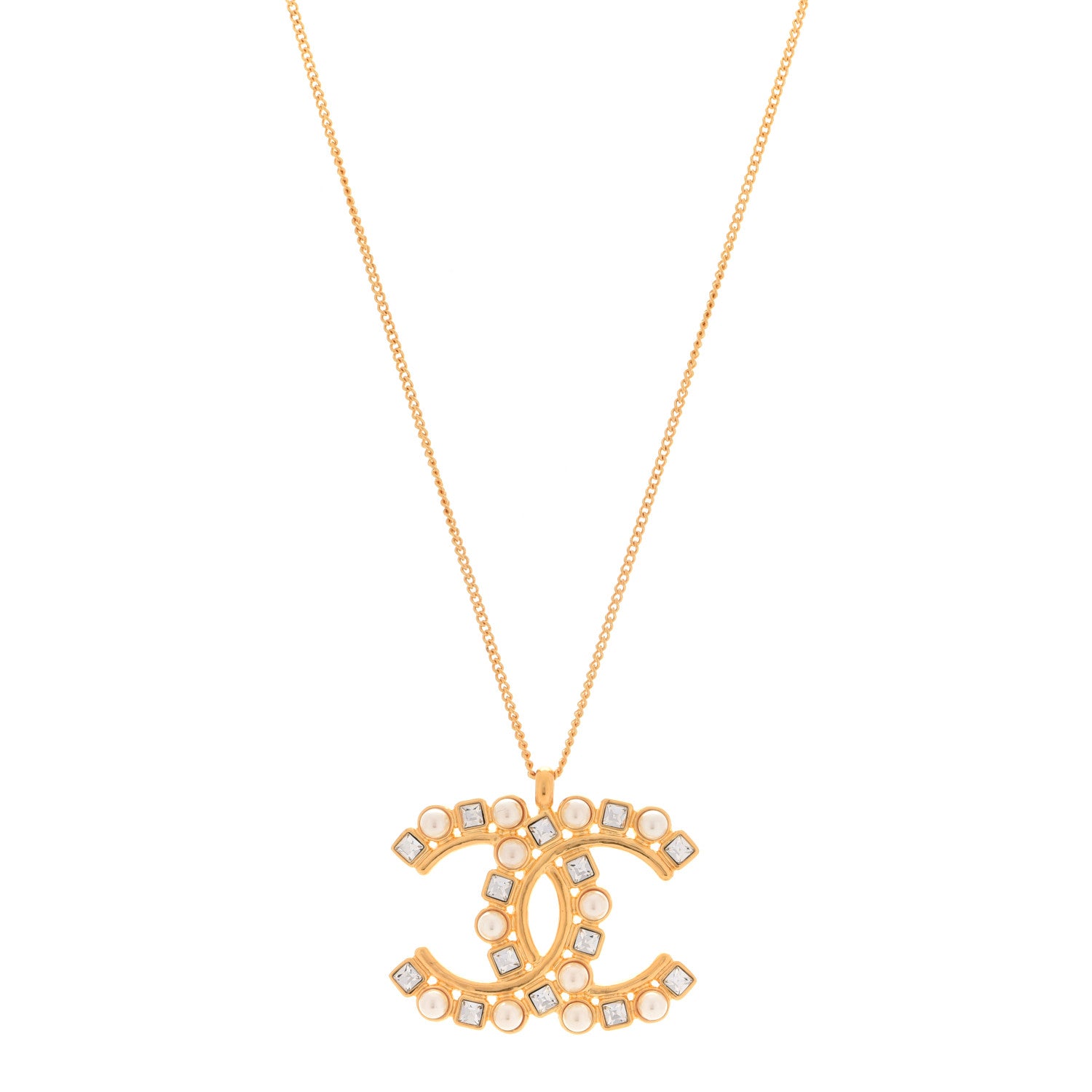 Chanel Crystal Pearl CC Pendant Necklace Gold 1 of 6