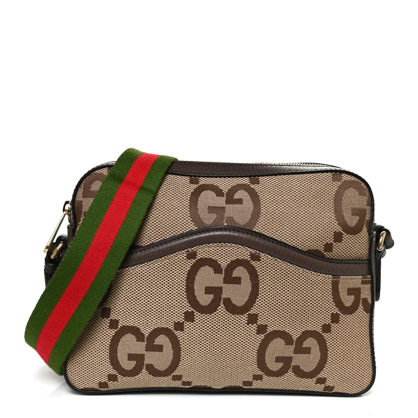 Monogram Jumbo GG Textured Dollar Calfskin Web Messenger Shoulder Bag Camel Ebony New Acero
