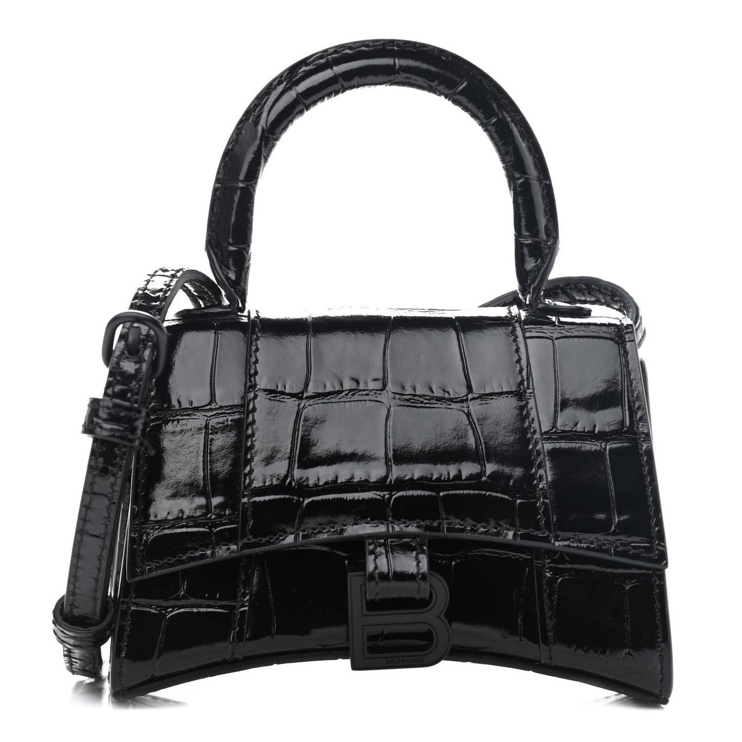 Shiny Calfskin Monochrome Crocodile Embossed Hourglass Top Handle Bag Mini Black