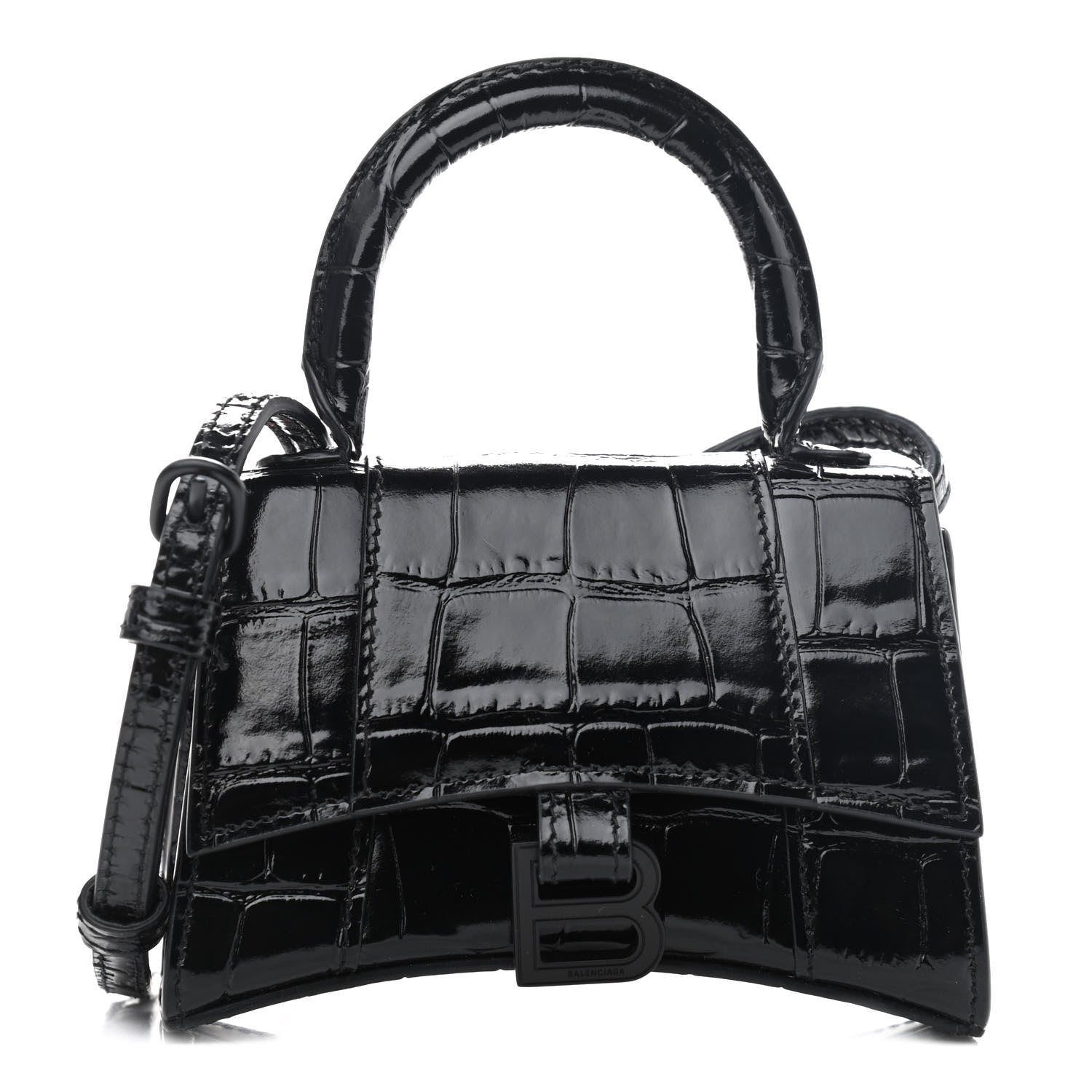 Balenciaga Shiny Calfskin Monochrome Crocodile Embossed Hourglass Top Handle Bag Mini Black 1 of 7