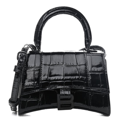 Balenciaga Shiny Calfskin Monochrome Crocodile Embossed Hourglass Top Handle Bag Mini Black 1 of 7