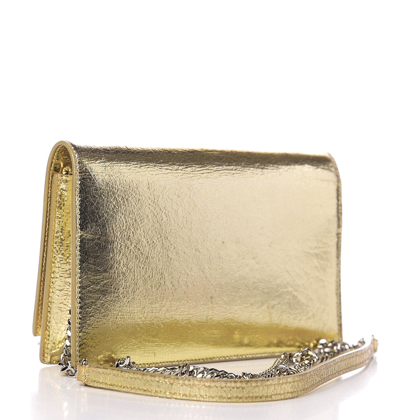 Metallic Crackled Calfskin Kate Monogram Tassel Chain Wallet Gold