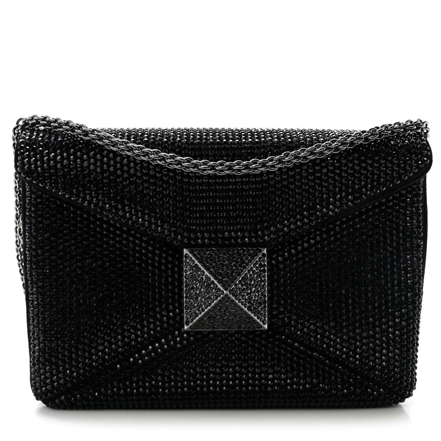 Crystal Suede Embellished Small One Stud Clutch With Chain Black