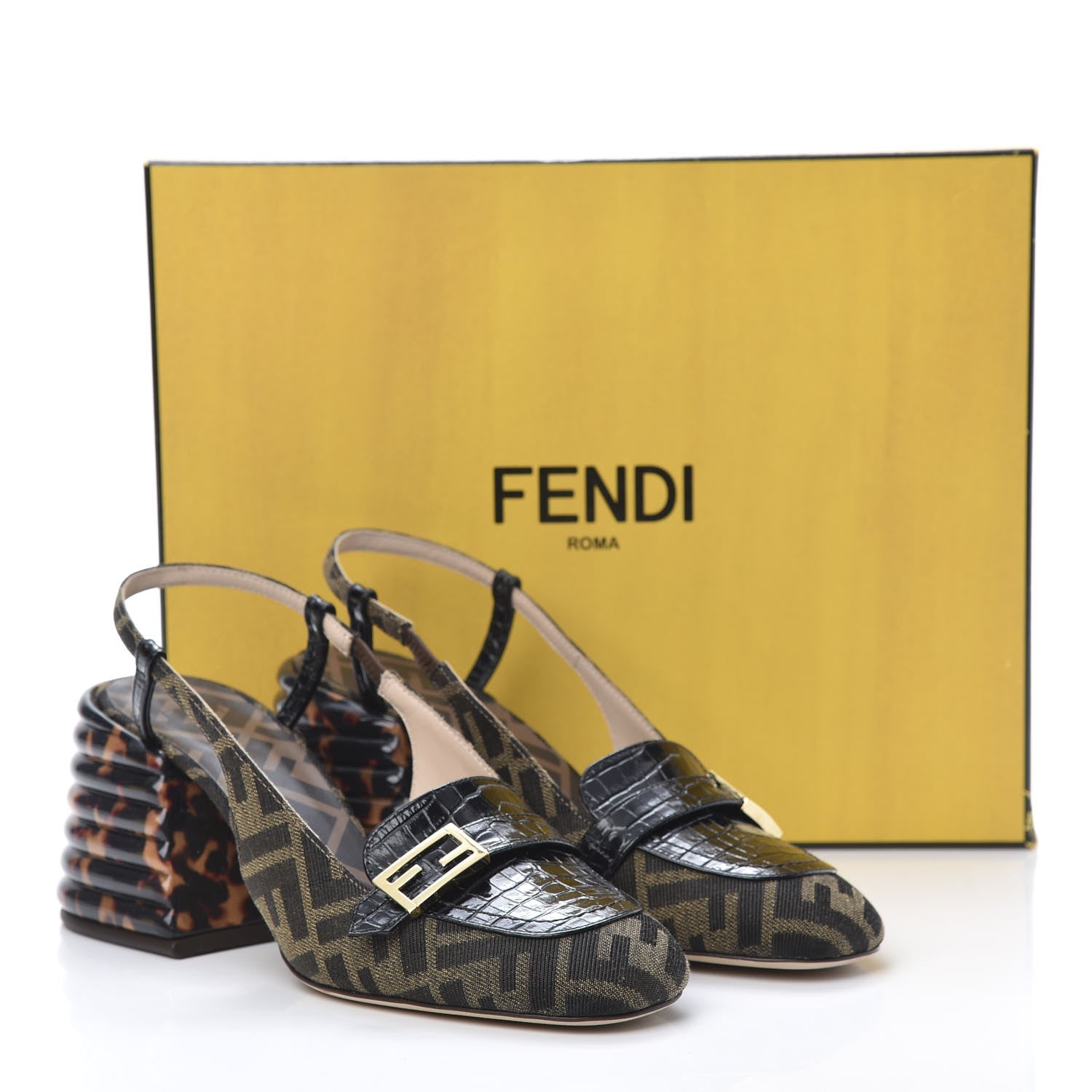 Fendi Jacquard Calfskin FF Tortoise Promenade Slingback Loafer Pumps 38.5 Tobacco 8 of 9