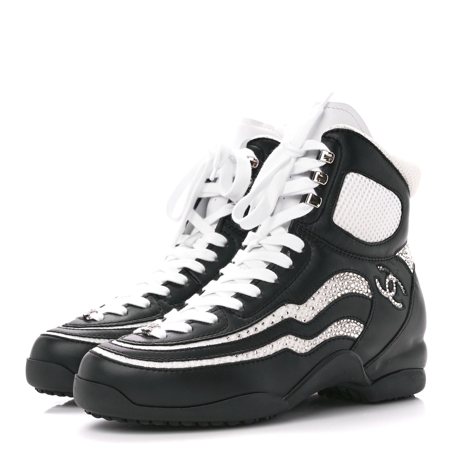 Fabric Calfskin Strass Womens CC Sneakers 38 Black White Silver