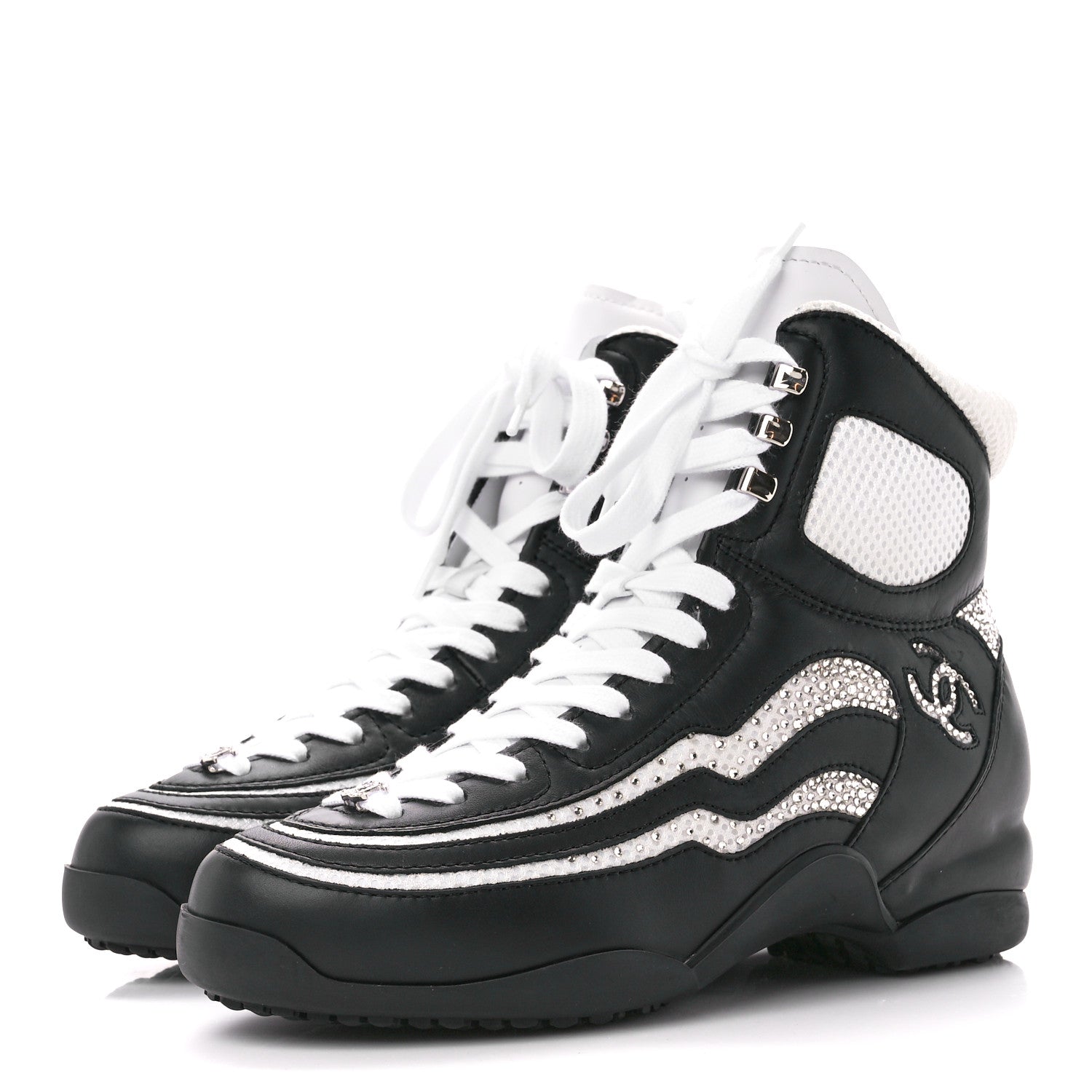 Chanel Fabric Calfskin Strass Womens CC Sneakers 38 Black White Silver 3 of 8