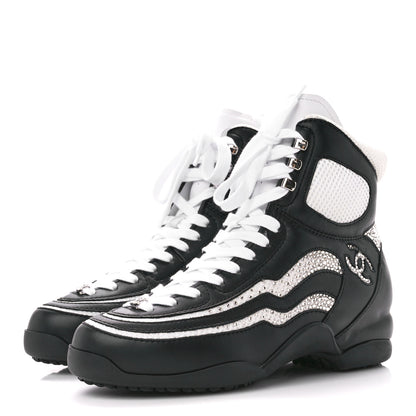 Chanel Fabric Calfskin Strass Womens CC Sneakers 38 Black White Silver 3 of 8