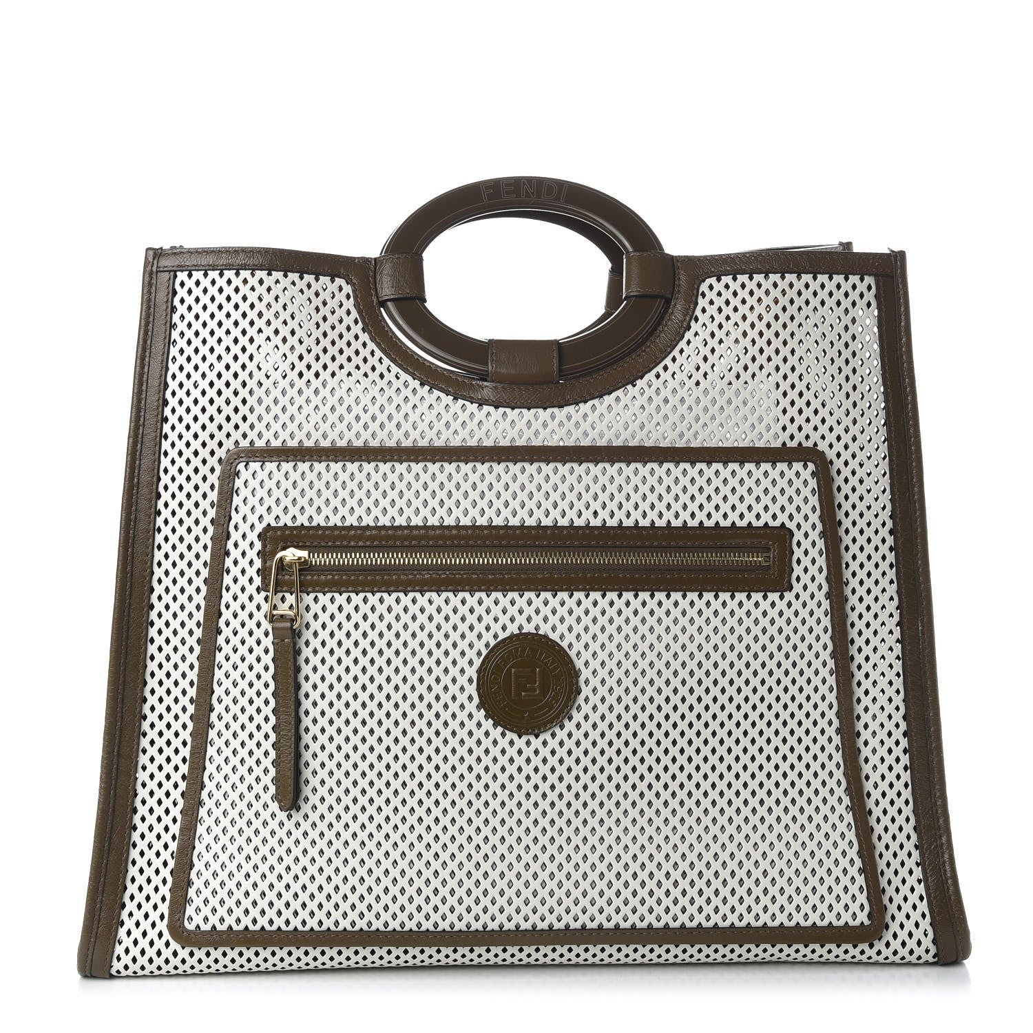 Fendi Vitello Liberty Glossy Lambskin Perforated Large Runaway Shopper Tote White Ice Rust Maya 1 of 10