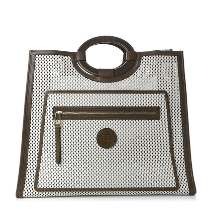 Fendi Vitello Liberty Glossy Lambskin Perforated Large Runaway Shopper Tote White Ice Rust Maya 1 of 10
