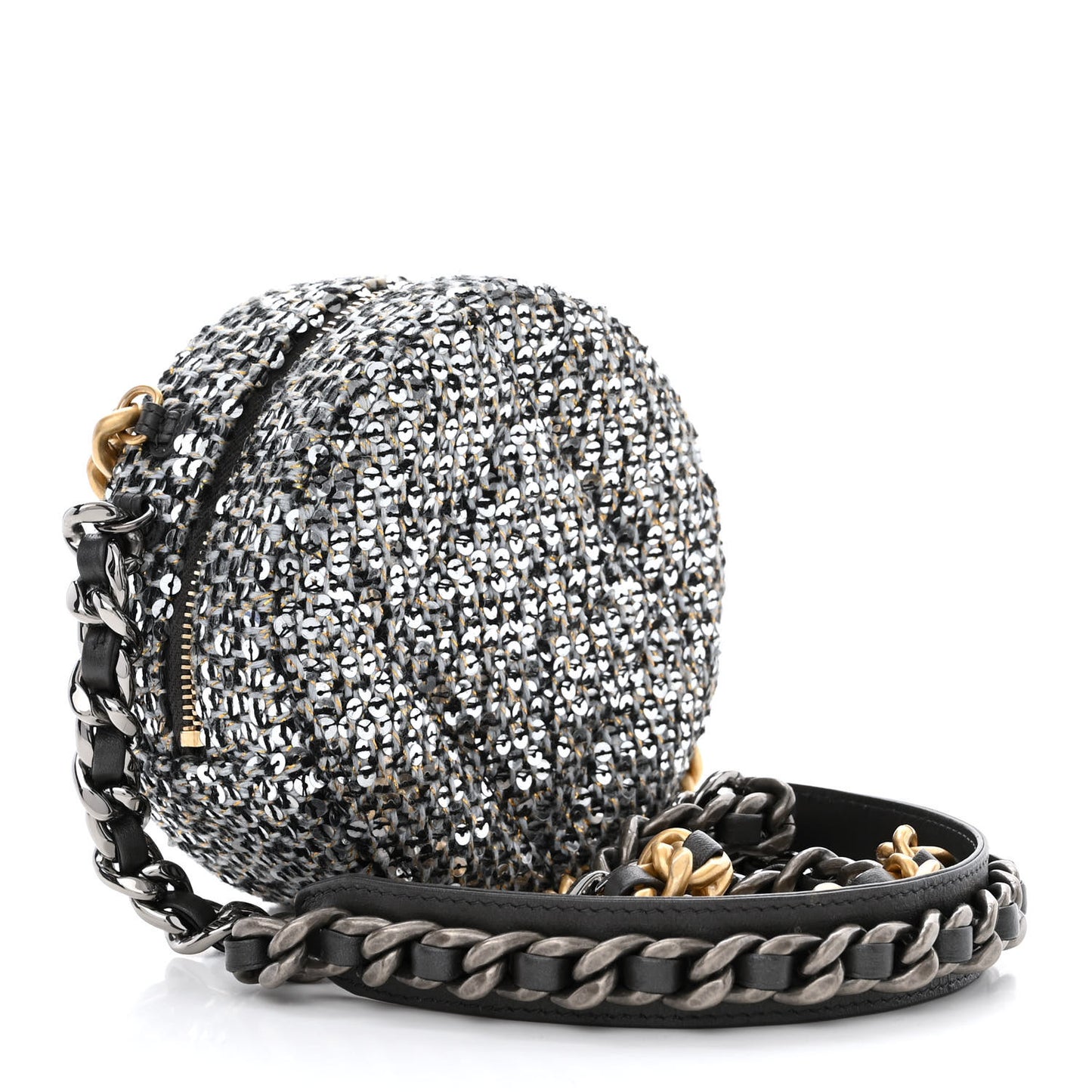 Sequin Chanel 19 Round Clutch With Chain Silver Black