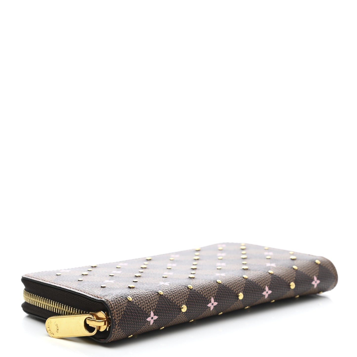 Damier Ebene Studded Zippy Wallet Rose Ballerine