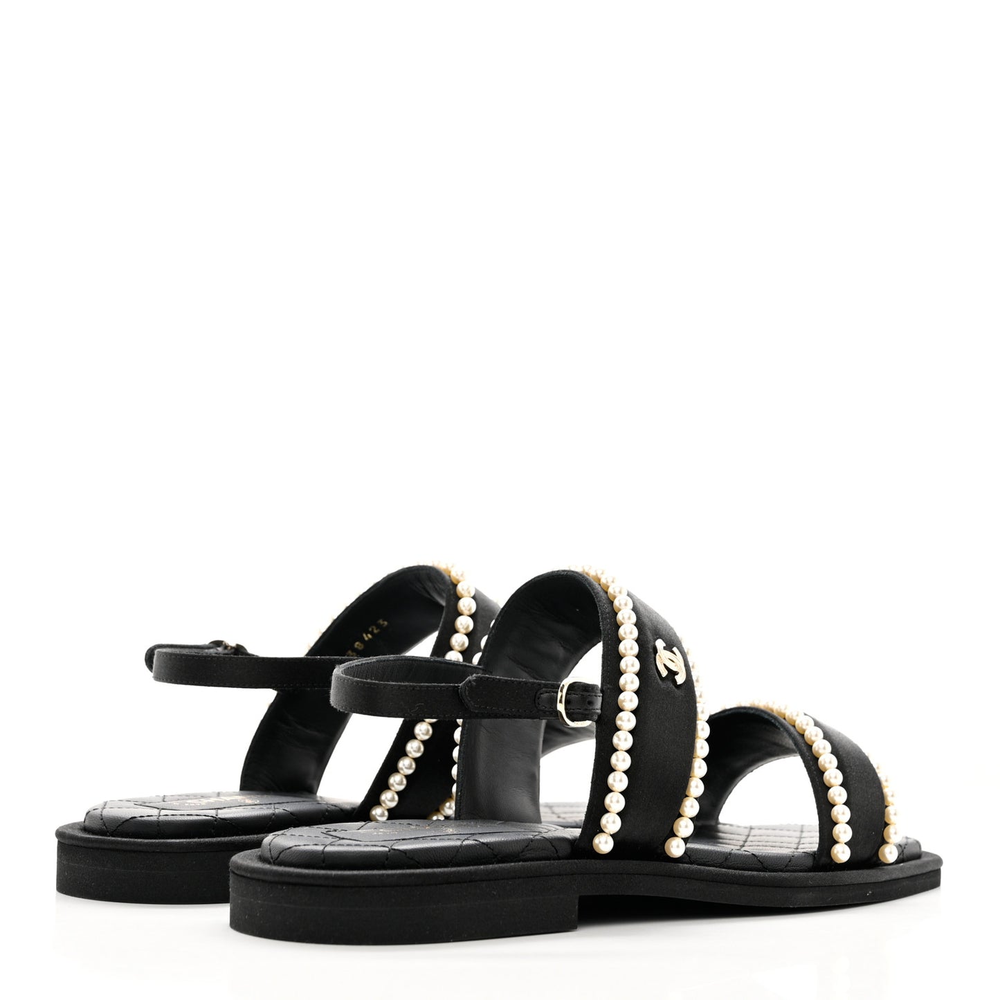 Satin Pearl Quilted Flat Sandals 41 Black