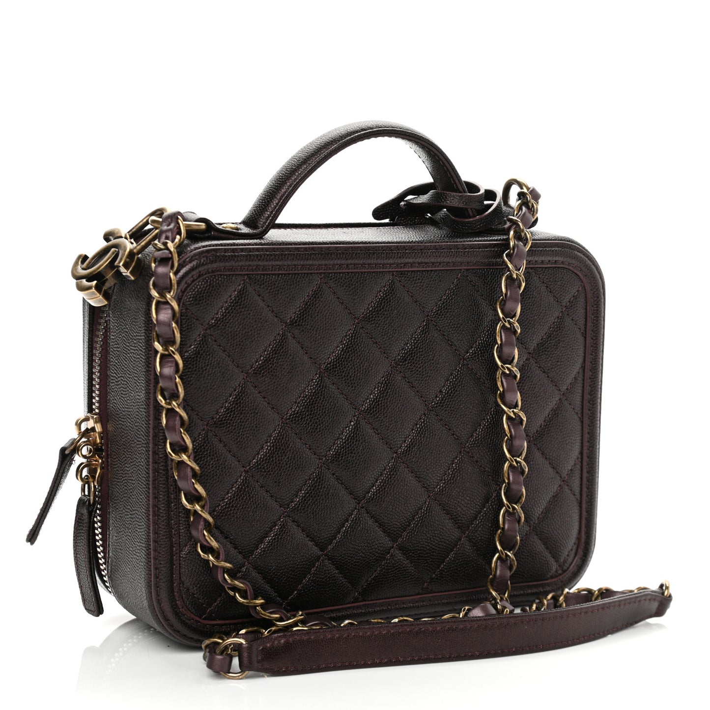 Iridescent Caviar Quilted Medium CC Filigree Vanity Case Burgundy