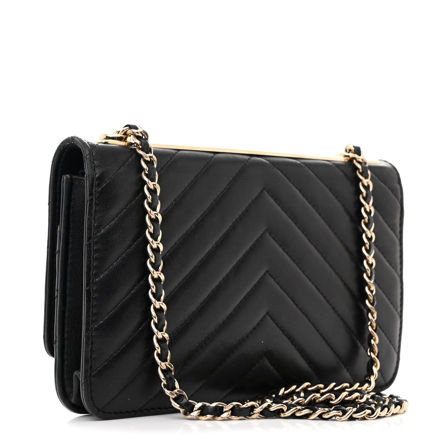 Lambskin Chevron Quilted Trendy CC Wallet On Chain WOC Black