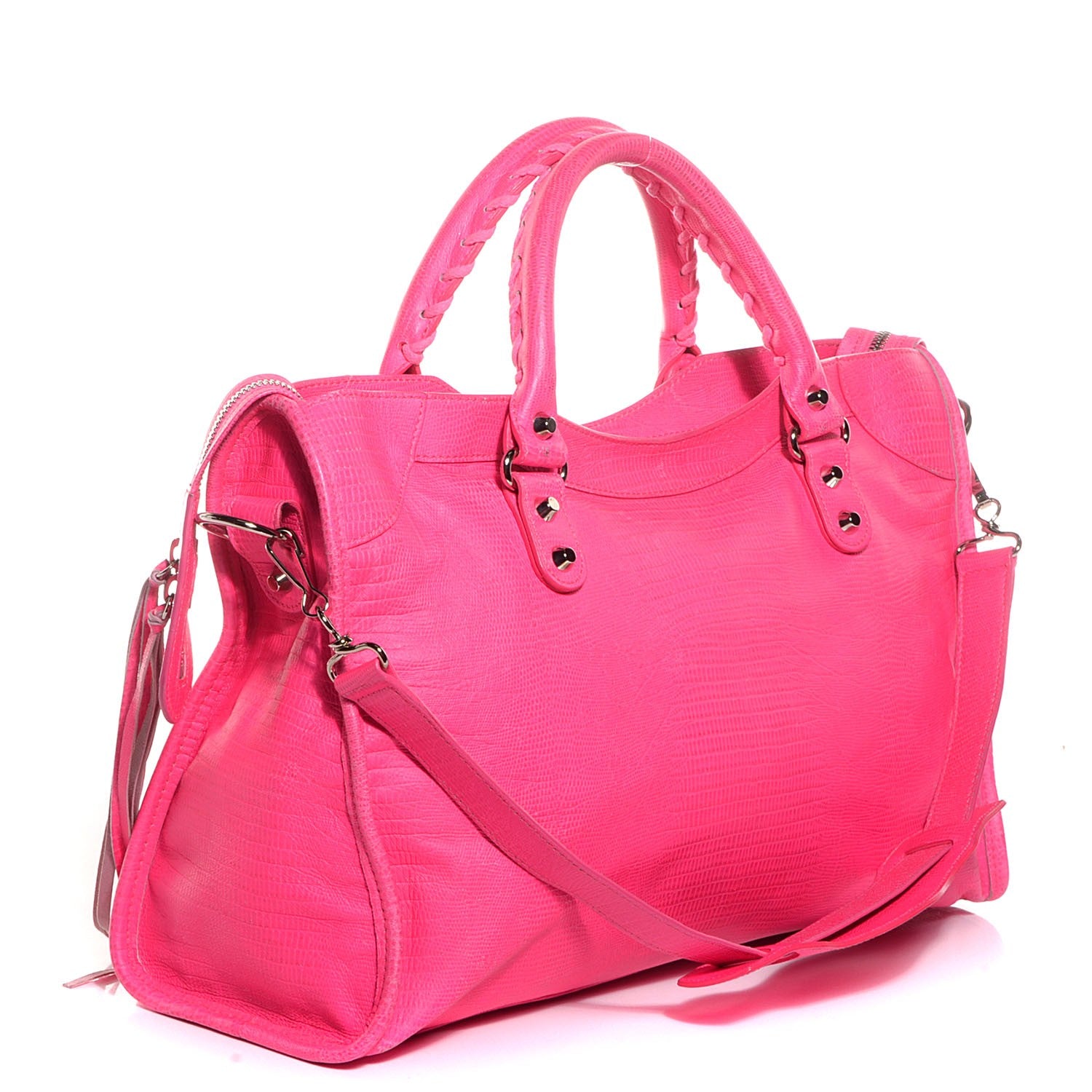 Balenciaga Calfskin Lizard Embossed Classic Silver Hardware City Rose Fluo 3 of 26