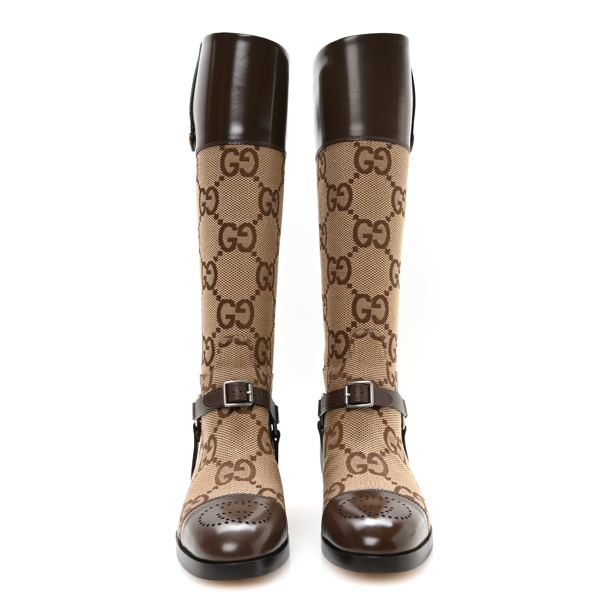 Gucci Monogram Jumbo GG Cordovan Lux Zelda Harness Riding Boots 38.5 Camel Ebony New Acero 2 of 8