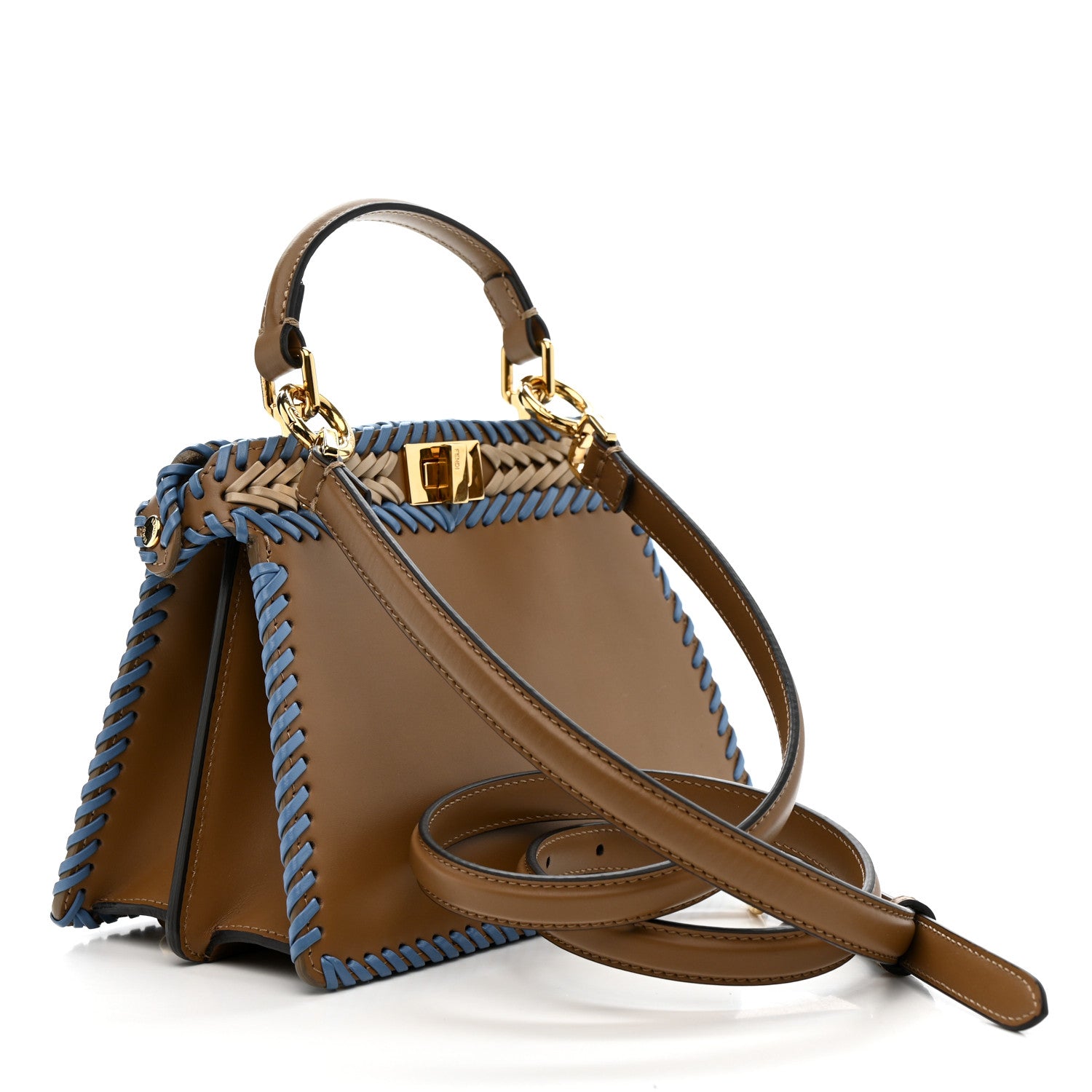 Fendi Vitello King Shiny Nappa Intreccio Petite Peekaboo I SEE U Satchel Sand Beige Blue 3 of 13