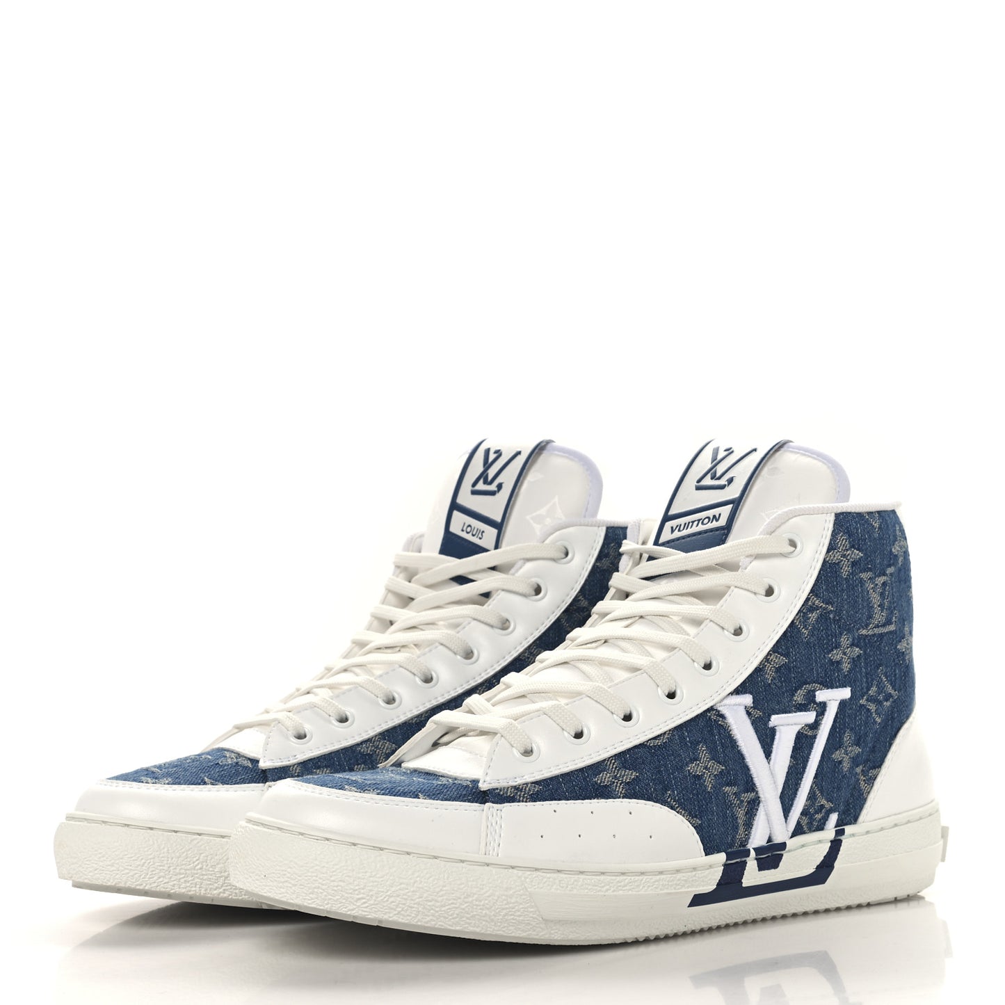Calfskin Monogram Denim Mens Charlie High Top Sneakers 9 White Blue
