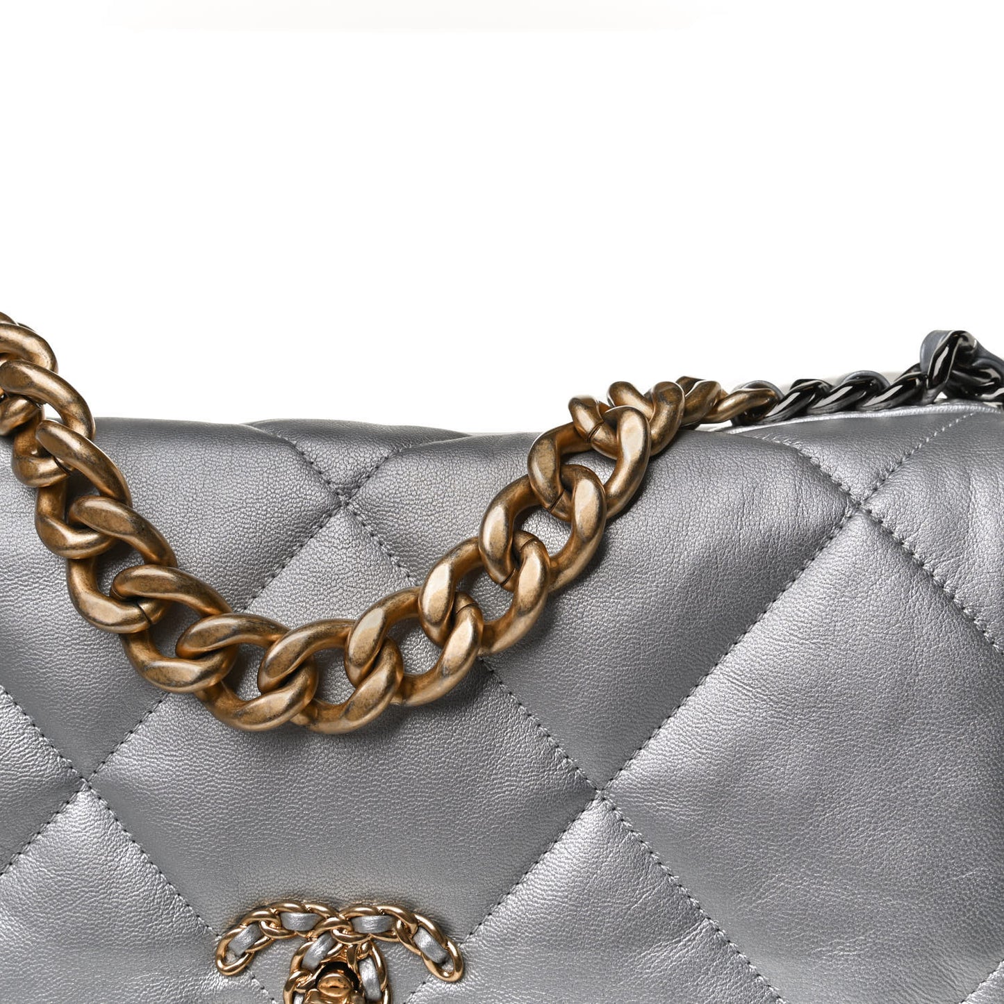 Metallic Goatskin Quilted Large Chanel 19 Flap Silver