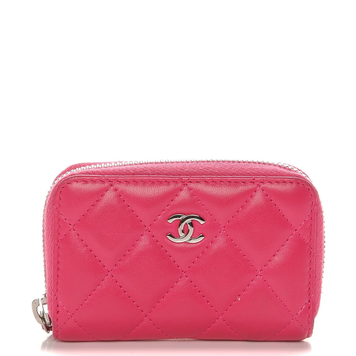 Lambskin Quilted Zip Around Coin Purse Wallet Fuchsia