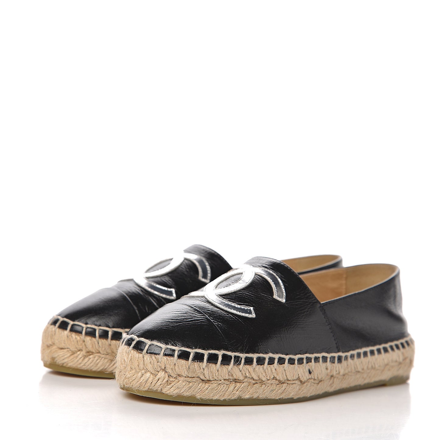 Patent Calfskin Metallic Goatskin CC Espadrilles 35 Black Silver