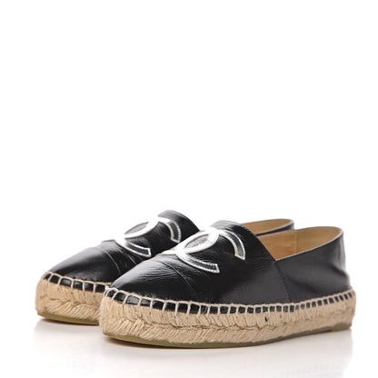 Chanel Patent Calfskin Metallic Goatskin CC Espadrilles 35 Black Silver 3 of 10
