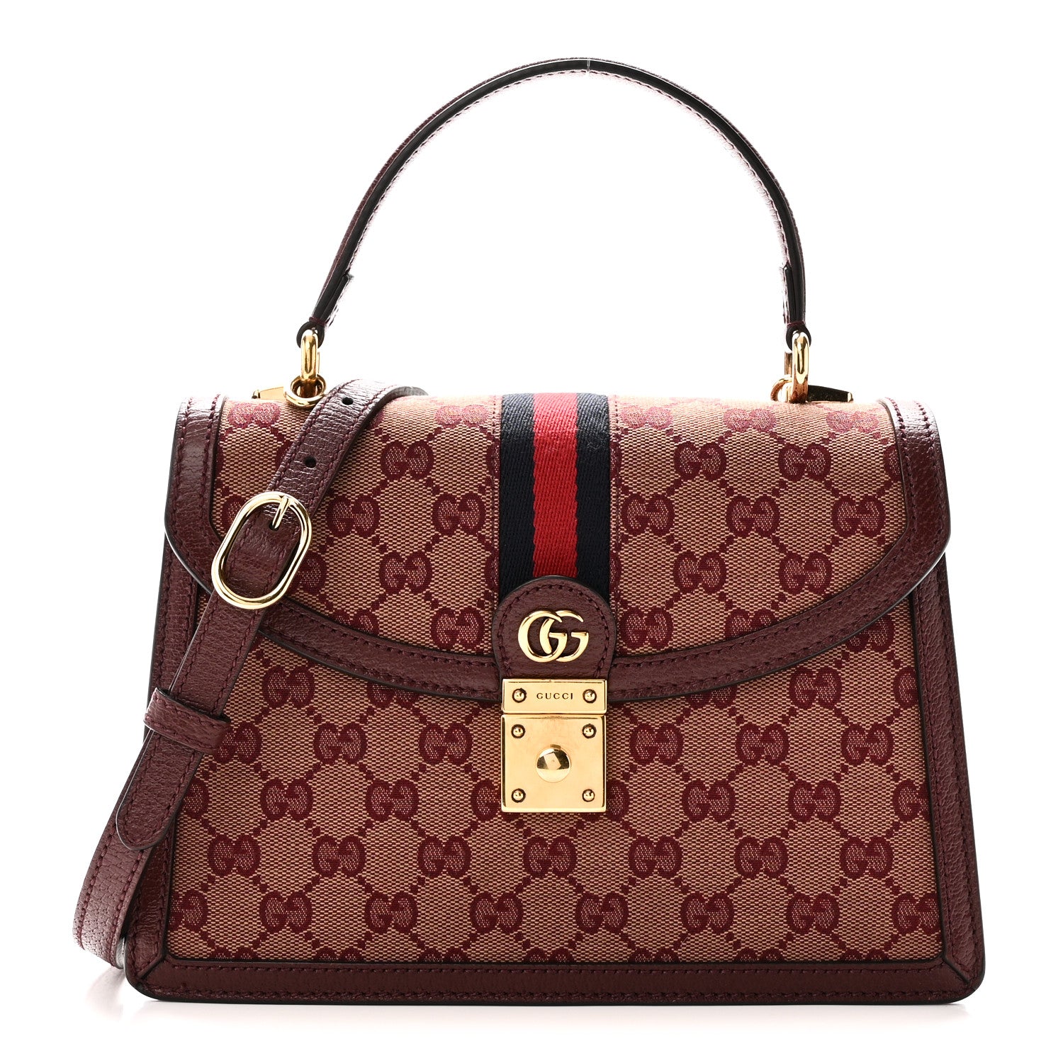 Gucci GG Supreme Monogram Textured Dollar Calfskin Web Small Ophidia Padlock Top Handle Bag Bordeaux 1 of 10