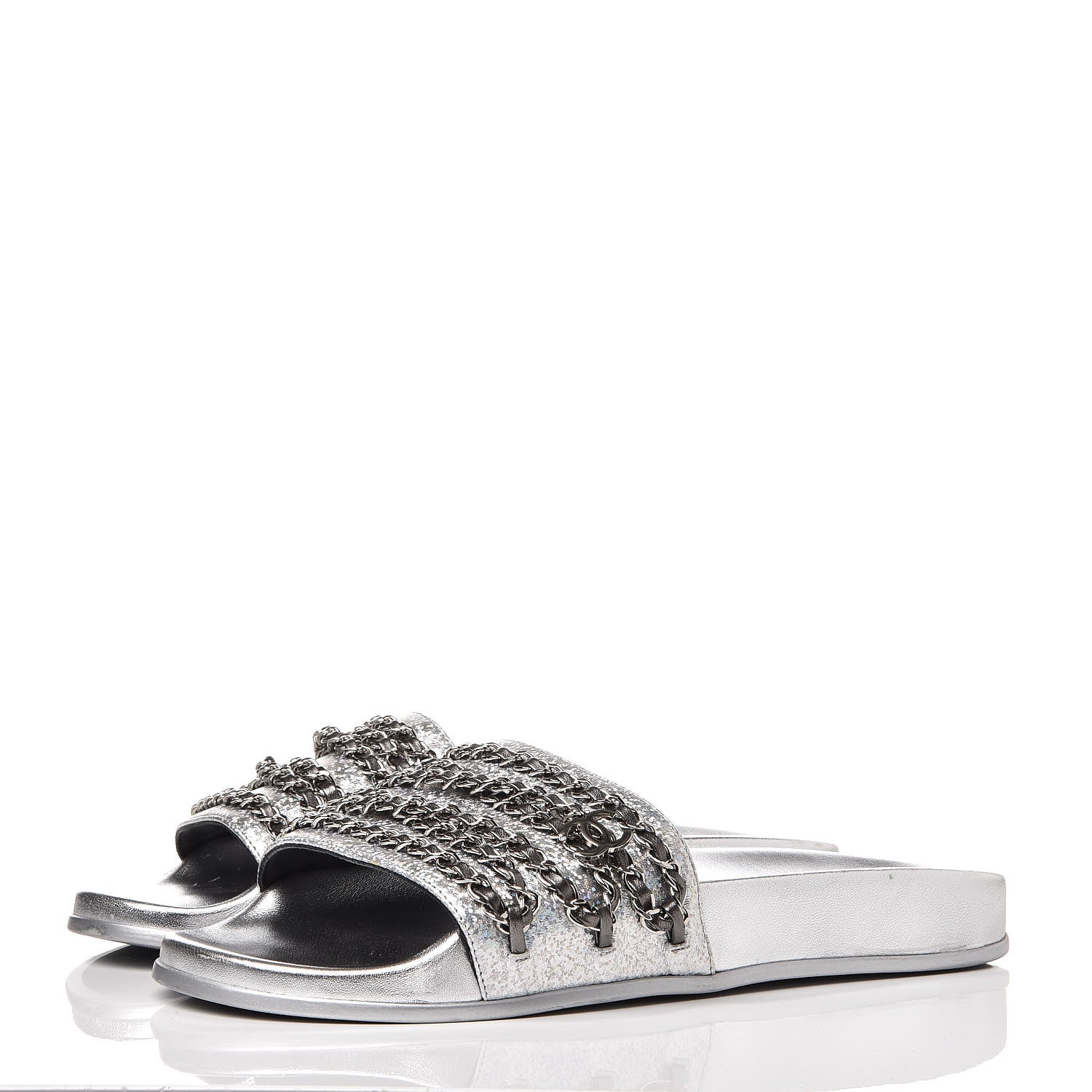 Chanel Metallic Lambskin Chain Flat Sandals 42 Silver 3 of 9