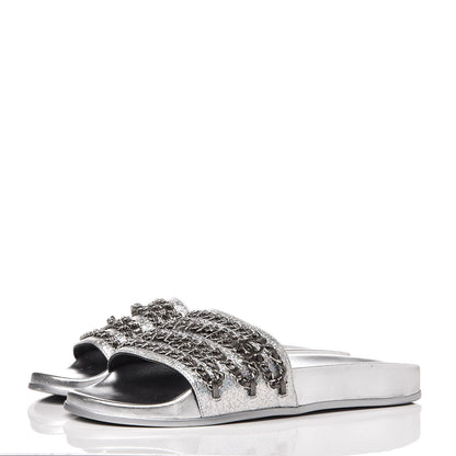 Chanel Metallic Lambskin Chain Flat Sandals 42 Silver 3 of 9