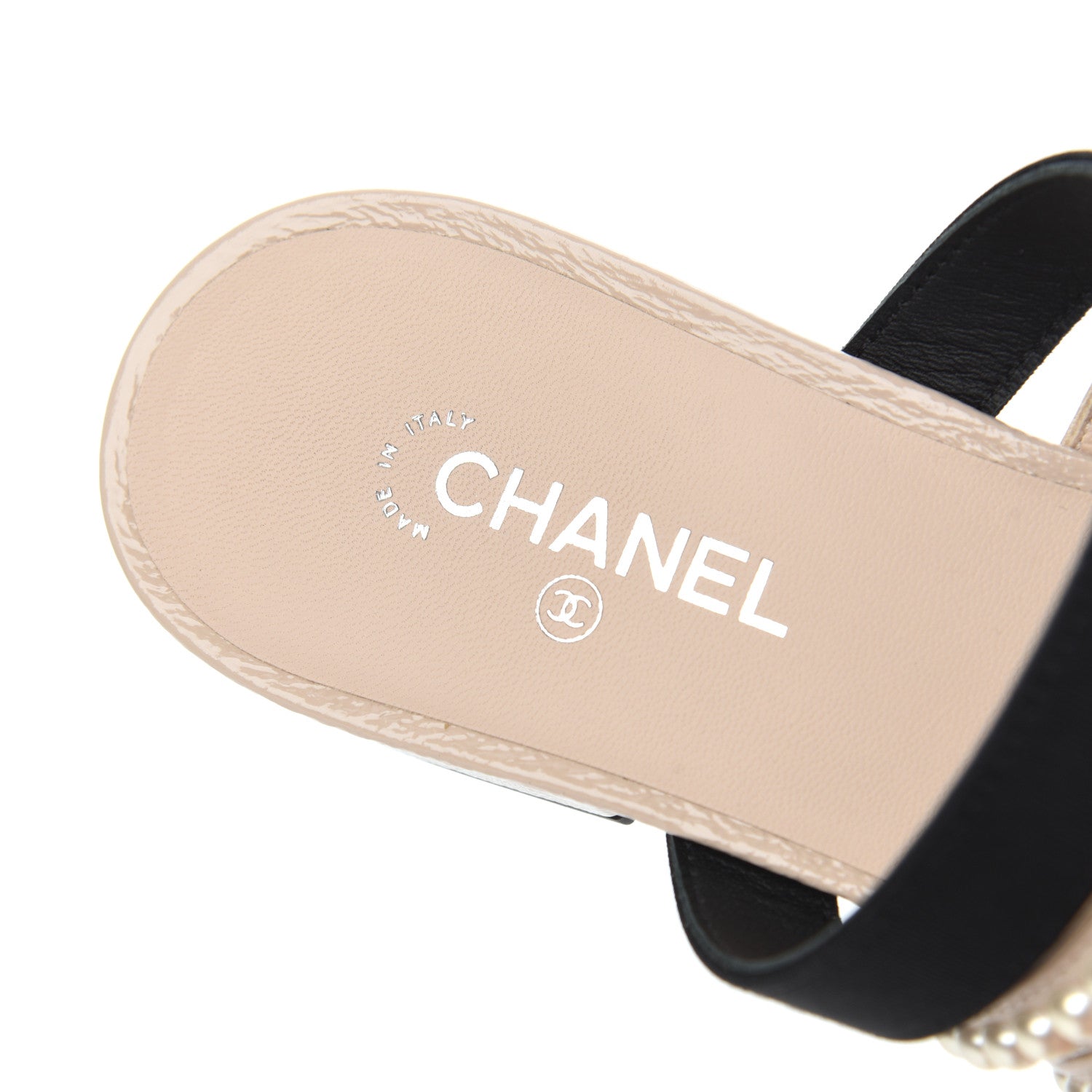 Chanel Patent Calfskin Grosgrain CC Pearl Mules 36 Beige Black 13 of 26