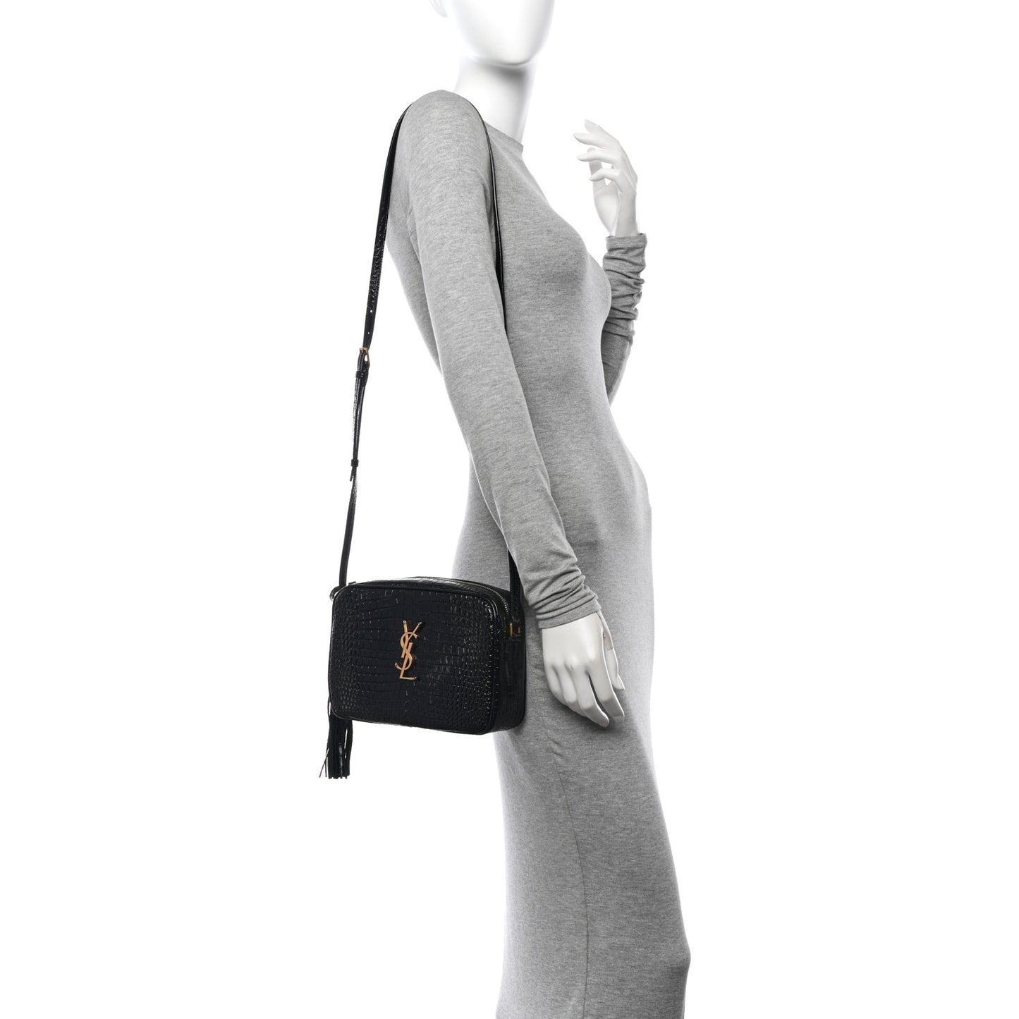 Patent Calfskin Crocodile Embossed Monogram Lou Camera Bag Black