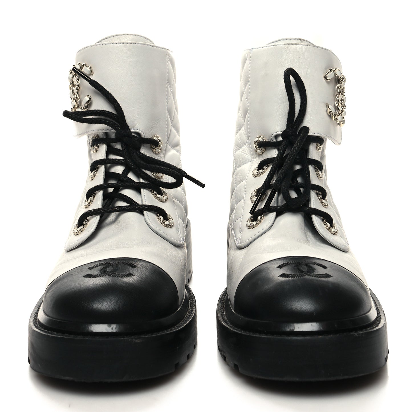 Shiny Lambskin Quilted Lace Up Combat Boots 39.5 White Black