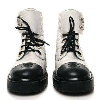 Chanel Shiny Lambskin Quilted Lace Up Combat Boots 39.5 White Black 2 of 11