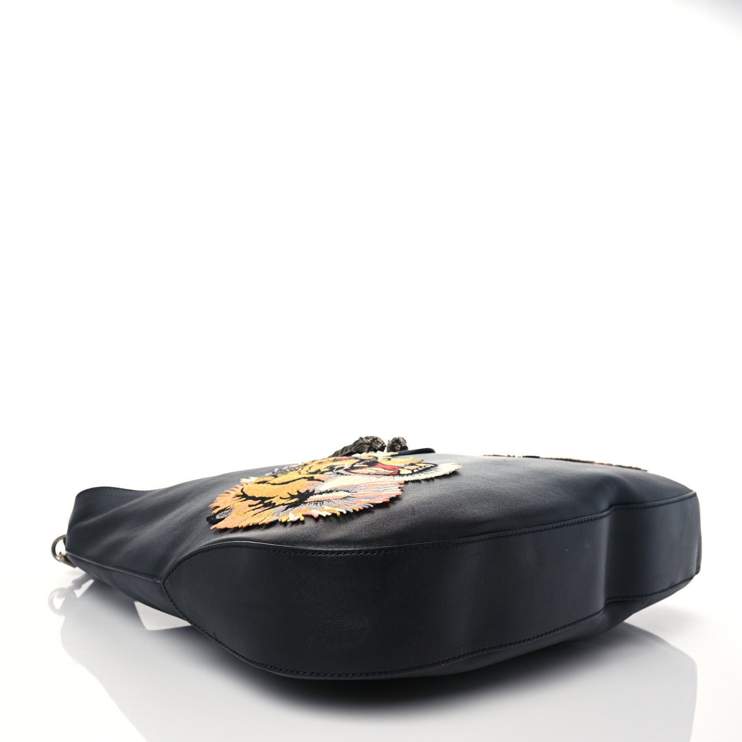Calfskin Web Tiger Embroidered Large Dionysus Hobo Black