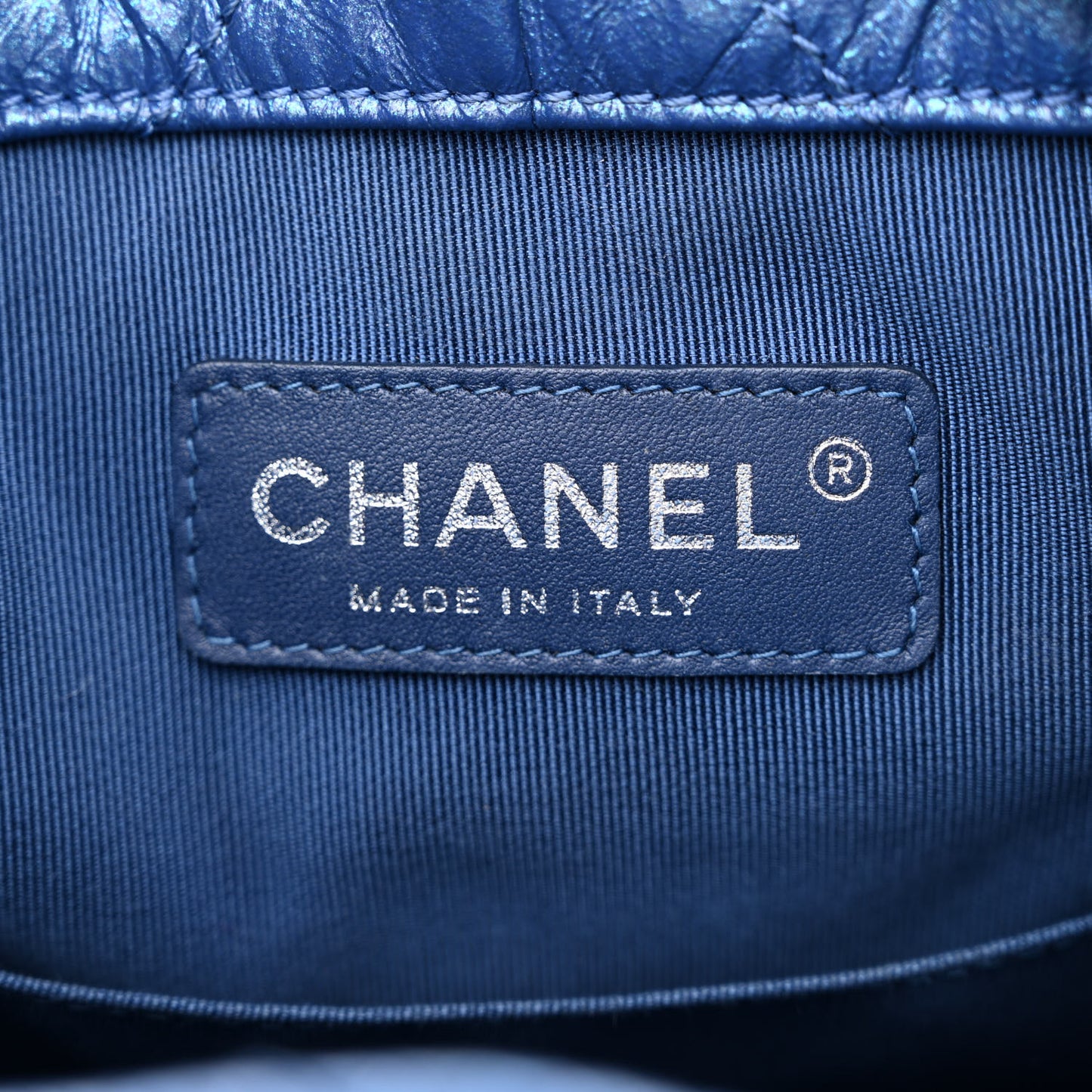Iridescent Aged Calfskin Chevron Quilted Small Gabrielle Backpack Blue